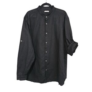 Mens XXL Linen Blend Button Up Shirt Black Mandarin Collar Roll Tab Casual Euro